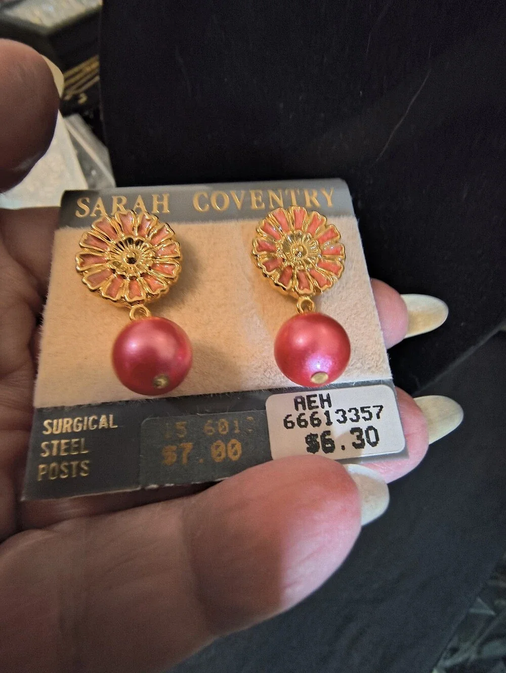 Vintage Sarah Coventry Pink Enamel Floral Pearl Drop Earrings NOS